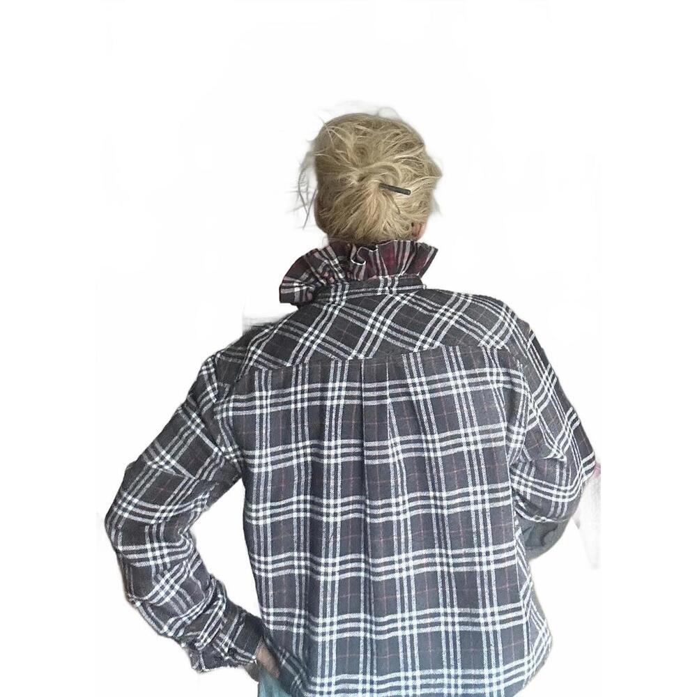 Handmade Upcycled Cropped Flannel Denim & Plaid Ruffled Collar One-of-a-Kind π€β€οΈ - Picture 4 of 13